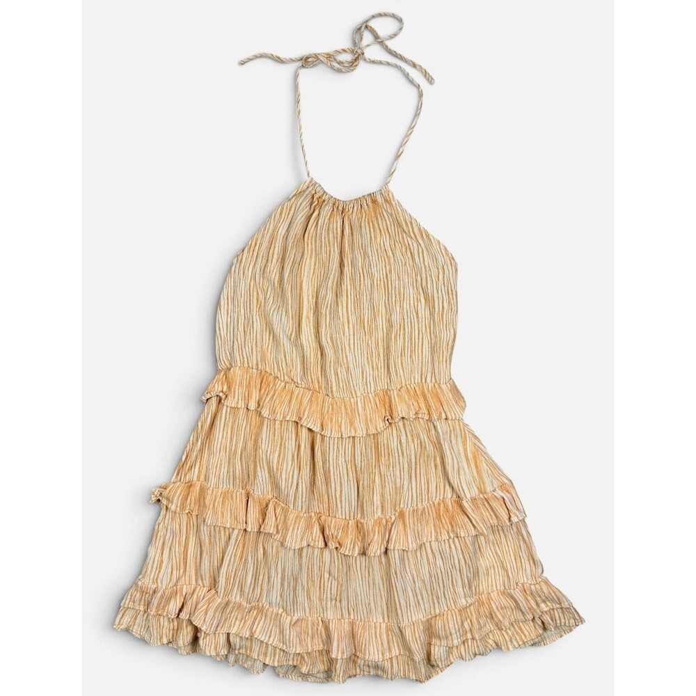 Lulus Mustard Yellow Striped Halter Tiered Ruffle Mini Dress Size S